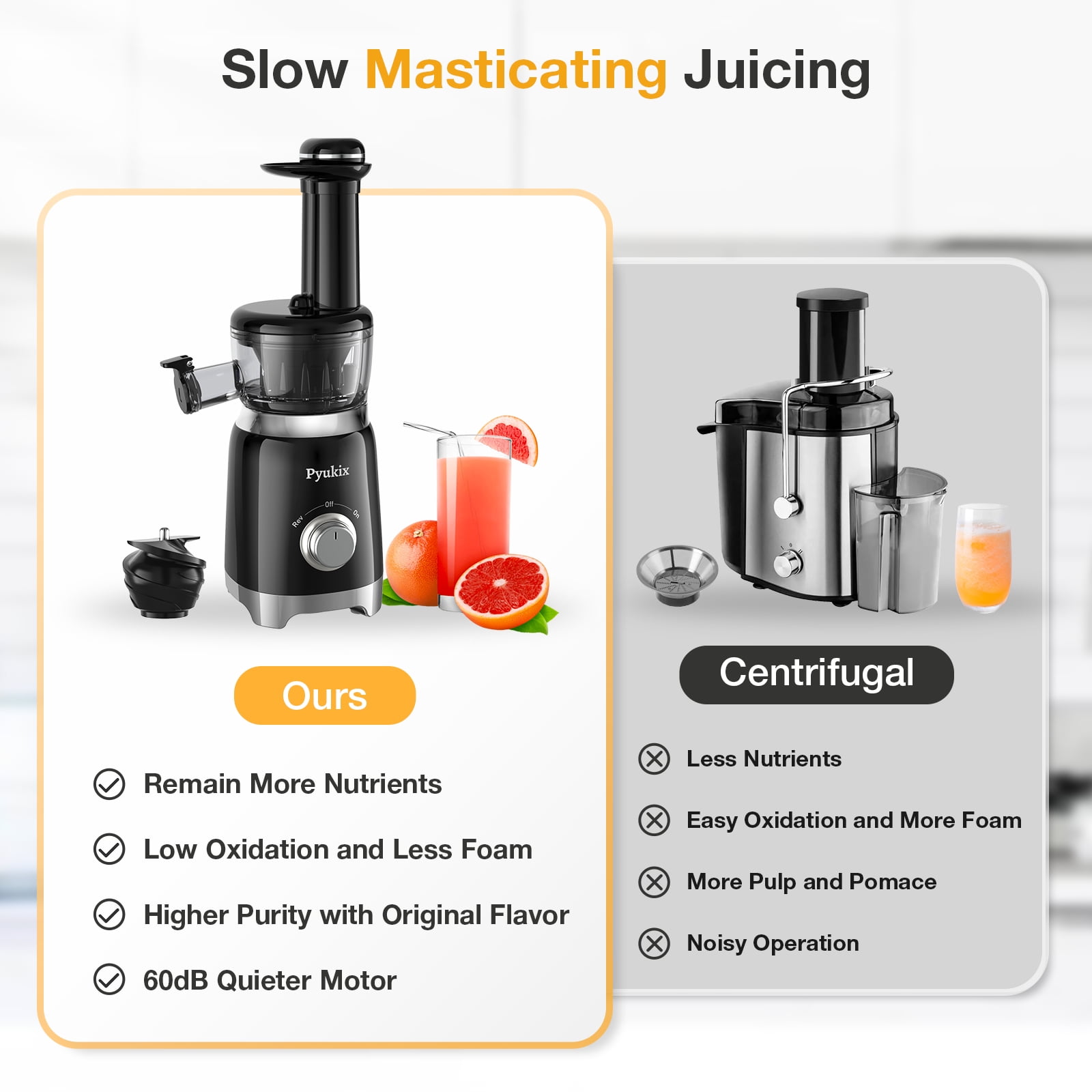 Pyukix Masticating Juicer for Fruits and Vegetables, Powerful Small Juicer Extractor Machine Compact