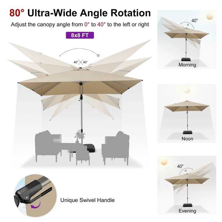 PURPLE LEAF OUTDOOR 8' X 8' Left-right Tilting Patio Umbrella Outdoor Swivel Cantilever Umbrella Aluminum Offset Umbrella with Champagne Frame for Garden Pool, Beige