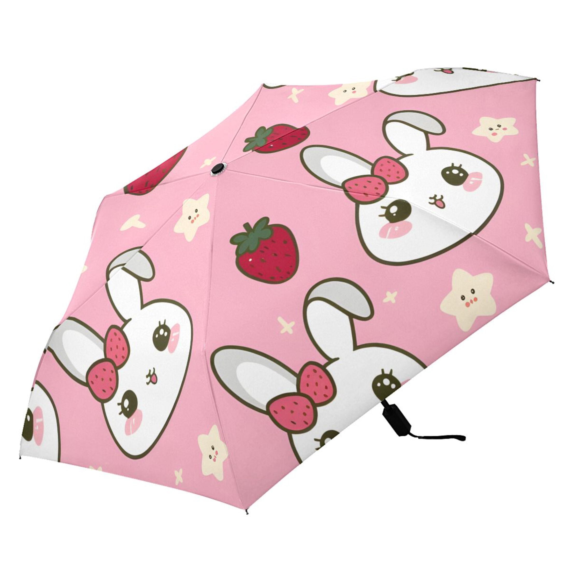 Cute Rabbit Head with Strawberry Compact Sun Umbrella Windproof Travel Umbrellas for Rain Strong Portable UV Protection