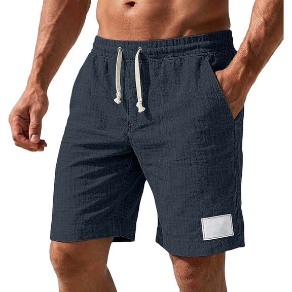 LODIENY Mens Cotton Linen Casual Shorts Summer Beach Vacation Elastic Waist Drawstring Short Lightweight Breathable Classic Fit Short Pants Daily Wear Navy XL