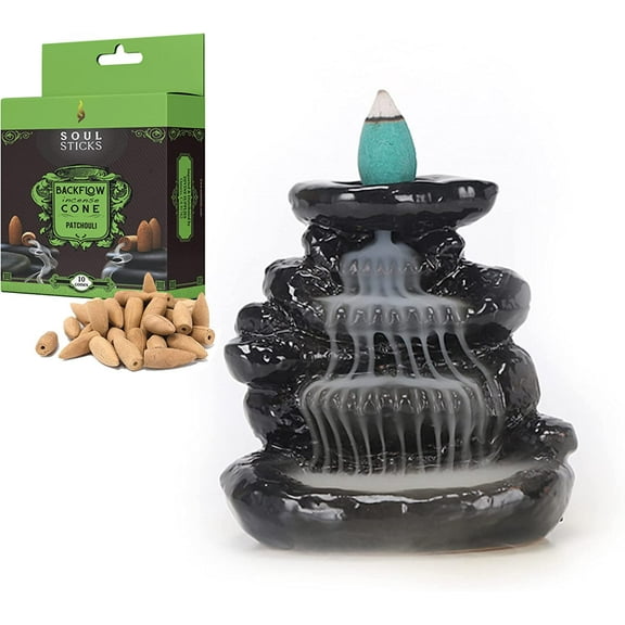 Soul Sticks Emerald Falls Backflow Cone Burner and Patchouli Back flow Incense Cones Combination Set