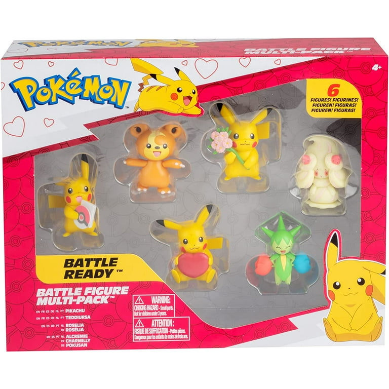 Jazwares Pokmon Battle Figure Pack Toy Set, 6 Pieces - Collectible Love Edition - 3 Pikachu, teddiursa, Alcremie & Roselia - Ages 4+