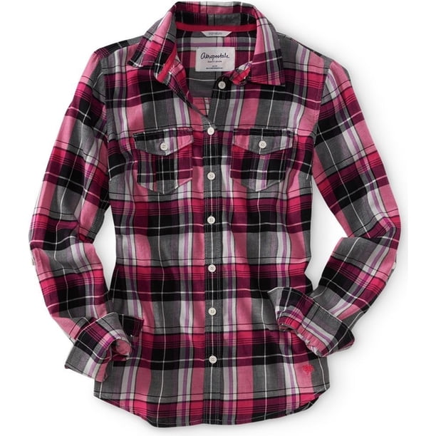 Aeropostale - Camisa con botones a cuadros brillantes para mujer, rosa, extragrande Aeropostale Camisa con botones