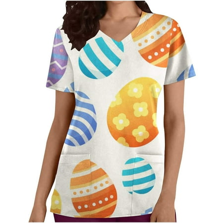 

atinetok Easter Scrub Tops for Women Easter Printed Fashion Casual Tshirt Plus Size Tops Short Sleeve V Neck Womens T Shirts