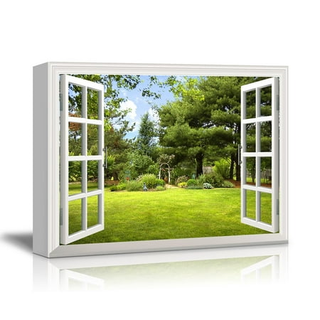 - Print Window Frame Style Beautiful Garden Backyard with Green Trees and Clear Blue Sky in Spring Gallery Stretched - Canvas Art Wall Decor - 24