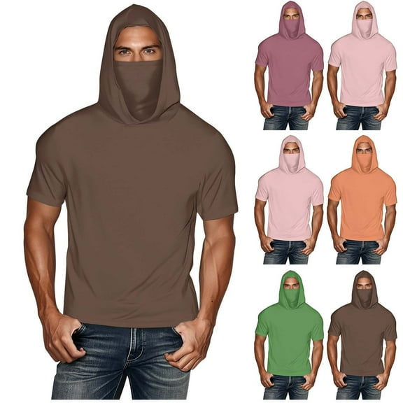 Fanxing Big and Tall Cooling Sun Shirts for Men with Hood Short Sleeve Lightweight Tees with Masks Fishing Hoodie Orange,XXXL