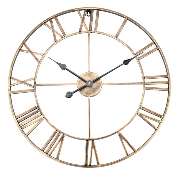Reloj de pared grande de metal clásico, redondo, de hierro, con números romanos, para decoración del hogar (dorado, 60 cm de diámetro)