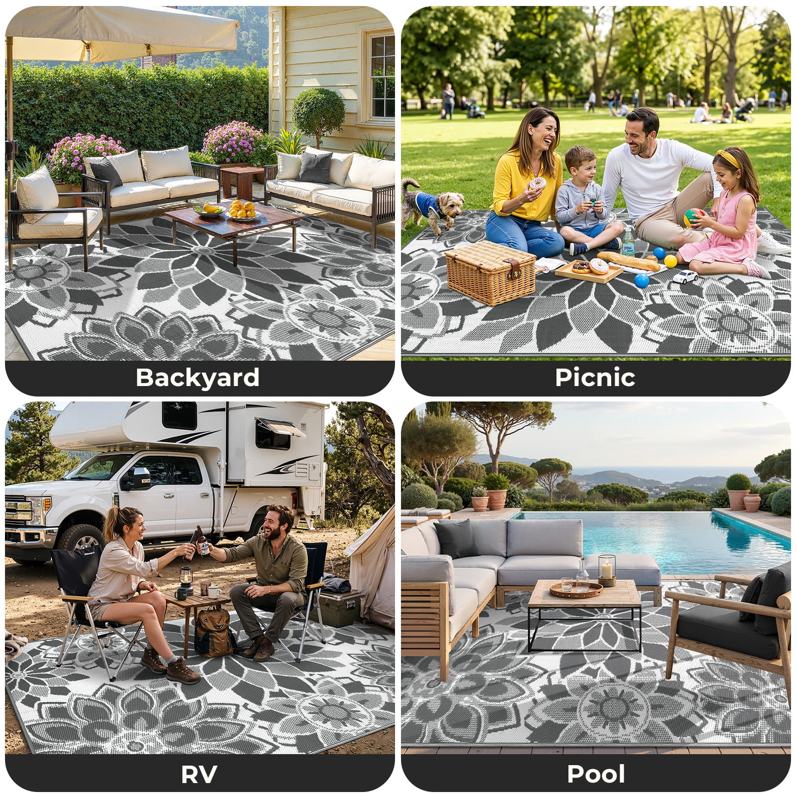 Findosom Outdoor Rug 5'x8' Reversible Waterproof Outdoor Patio Rug Mat Plastic Straw Rug Outdoor Area Rug Patio Camping Rug for RV Picnic Balcony Backyard Beach Outdoor Decor,Gray