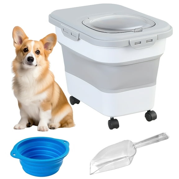 ZYNERY Cat Dog Food Storage Container - Up to 20~25 Lbs Collapsible Pet Food Container with Wheels, Airtight Lids, Folding Bowl and Scoop (Grey)