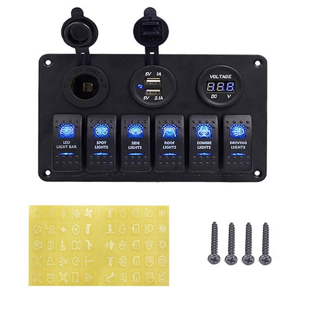 DC 12-24V Boat Marine Rocker Switch Panel LED Dual USB Socket Charger 1A&2.1A Voltmeter for Car RV Truck Camper GPS Mobiles