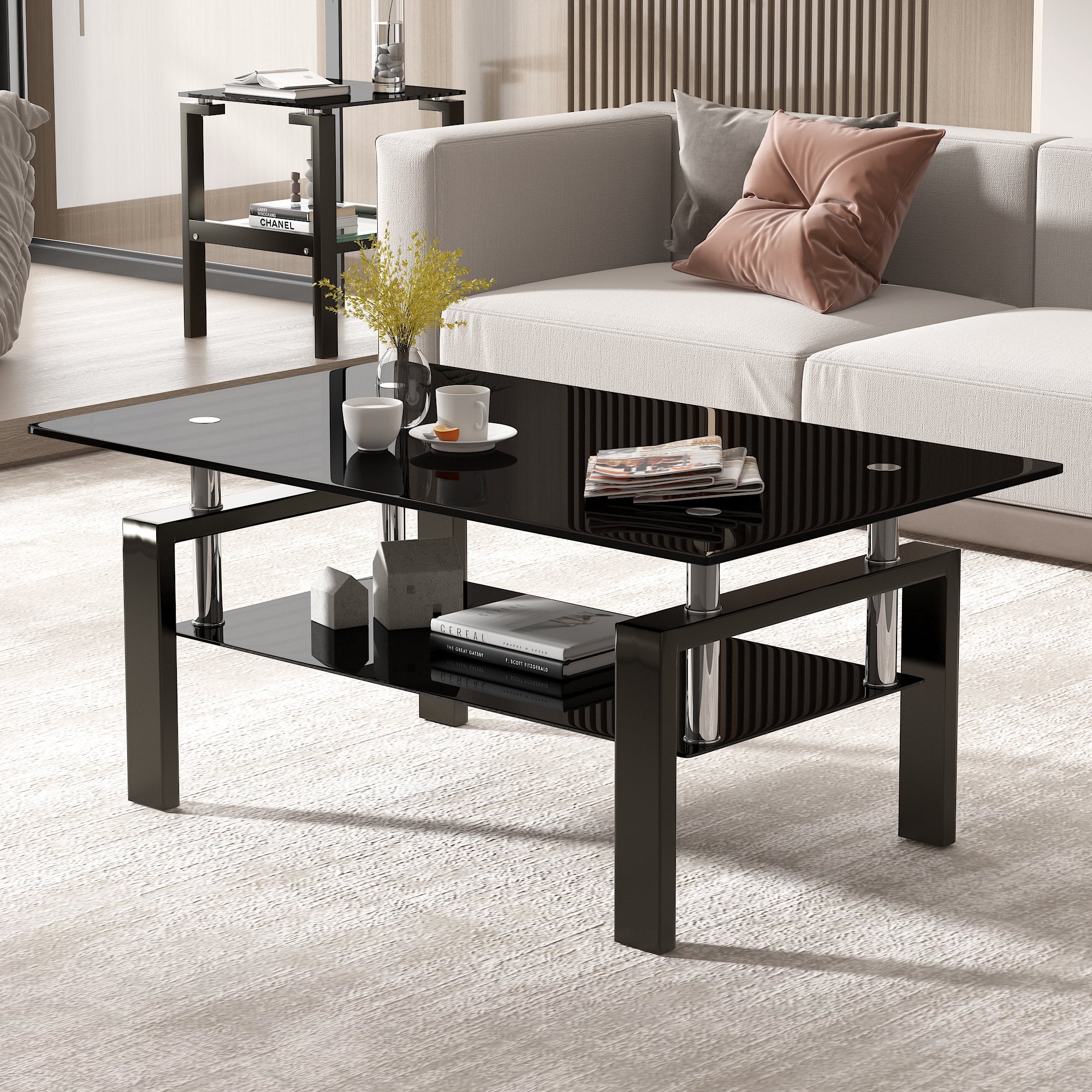 AsterOutdoor Tempered Black Glass Coffee Table 2-Layers Tea Table