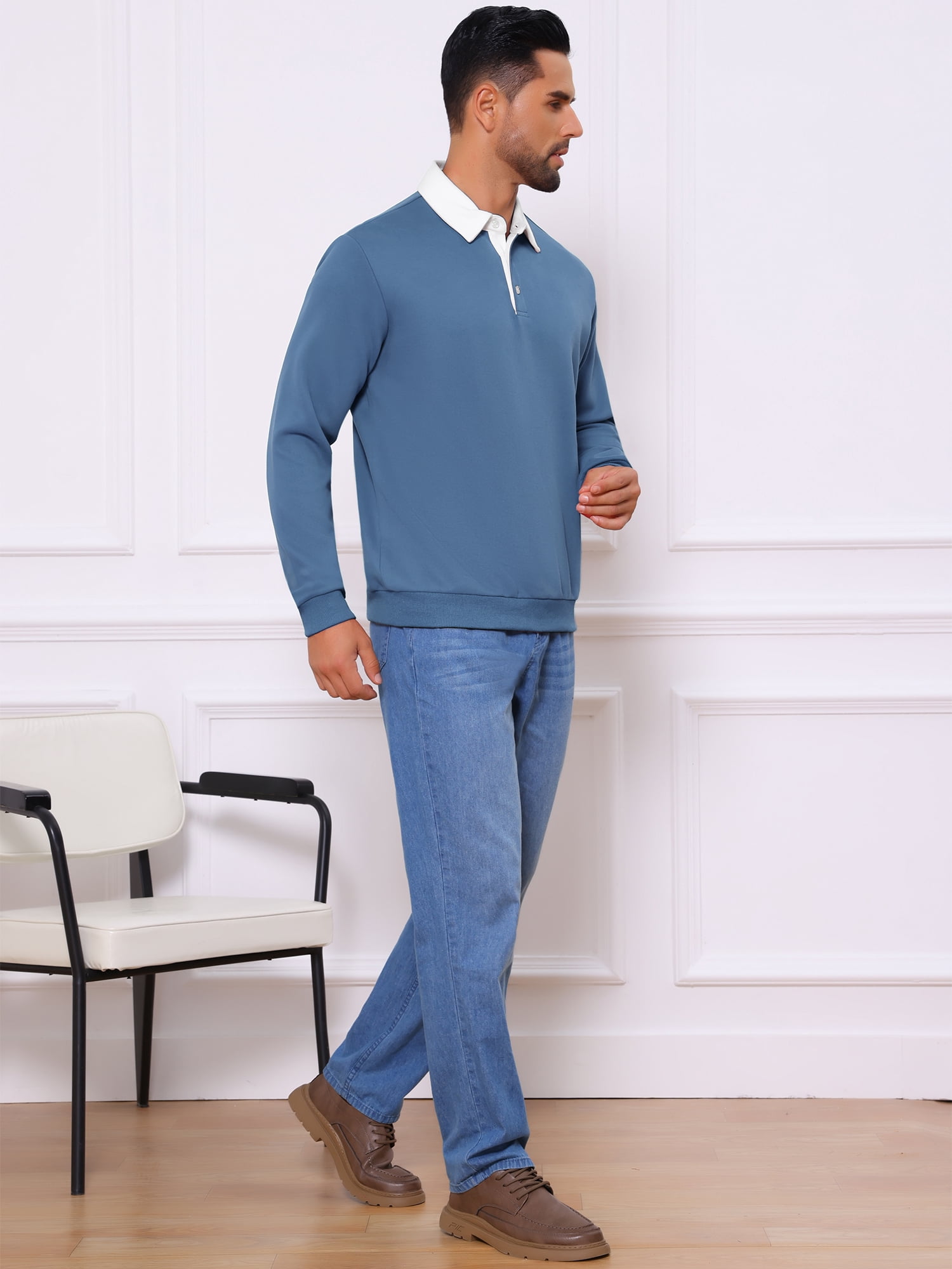 DARING DIVA Men's Contrast Collared Long Sleeves Pullover Polo Sweatshirt XL Blue