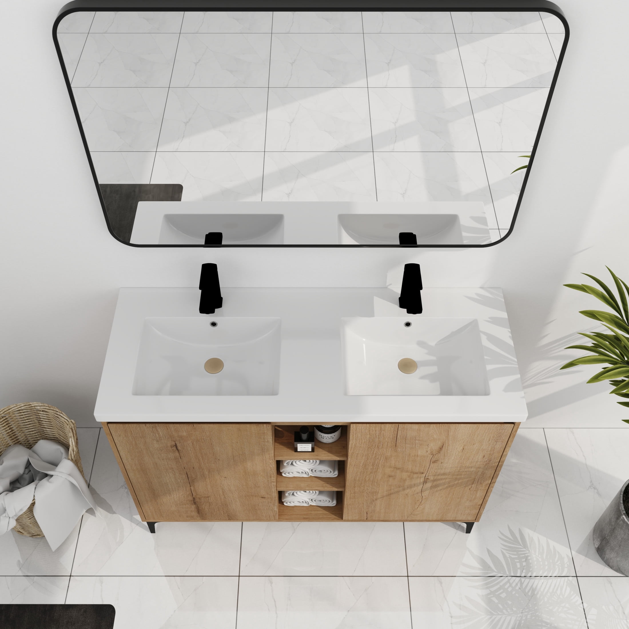 Noble House 48" Freestanding Bathroom Vanity, Double Resin Sinks, Soft-Close Doors, Adjustable Shelves, Imitative Oak