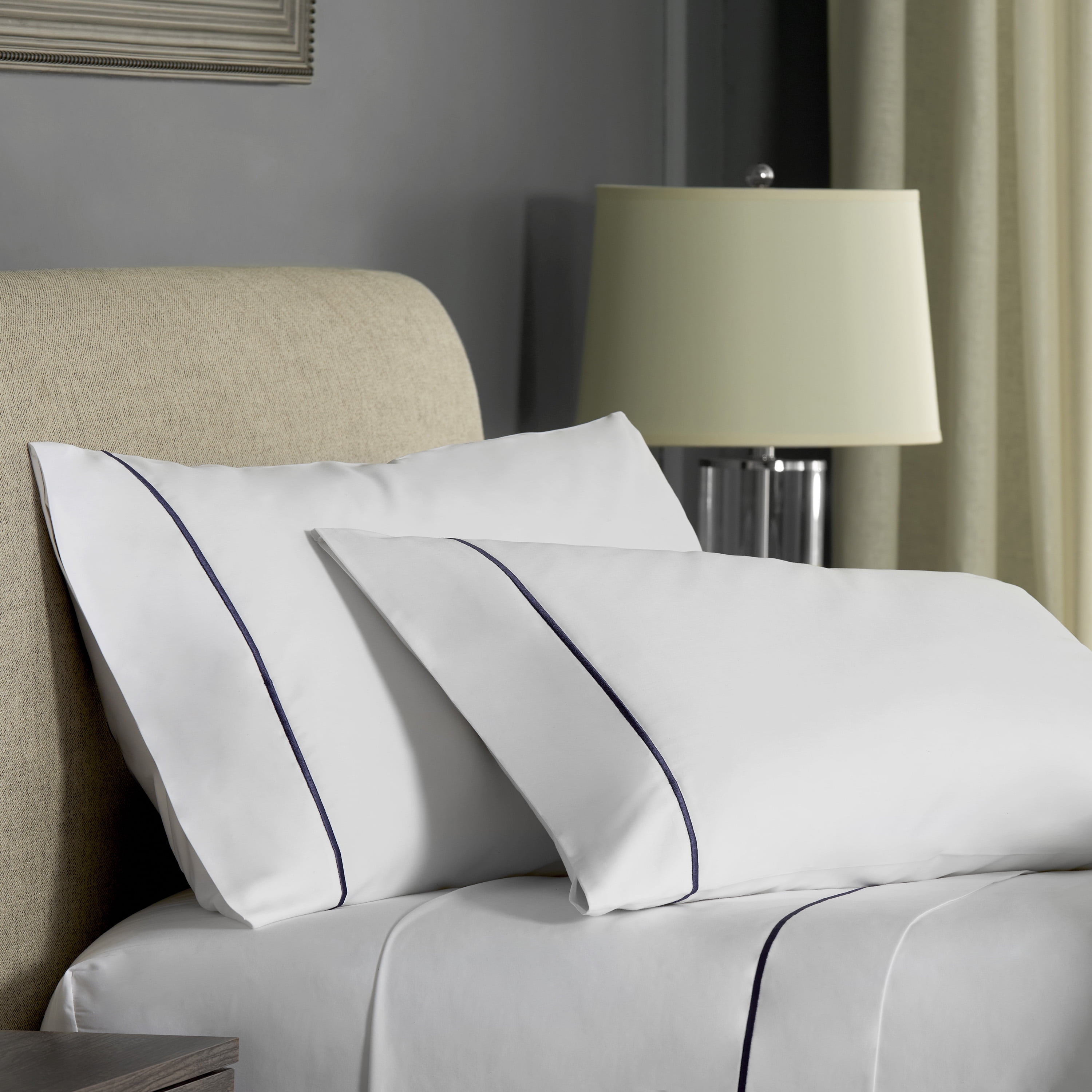 Satin Stitch Hotel Style Cotton Sheet Set, Queen, White/Indigo