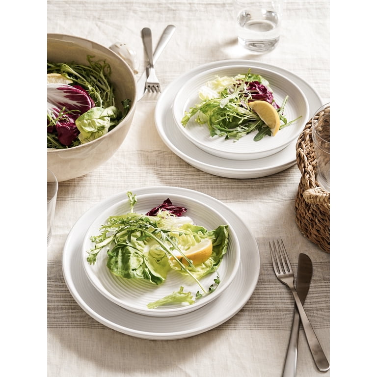 LE TAUCI 16-Piece Dinnerware Set For 4 - Arctic White Stoneware Plates, Bowls & Mugs, Embossed, Lead & Cadmium Free