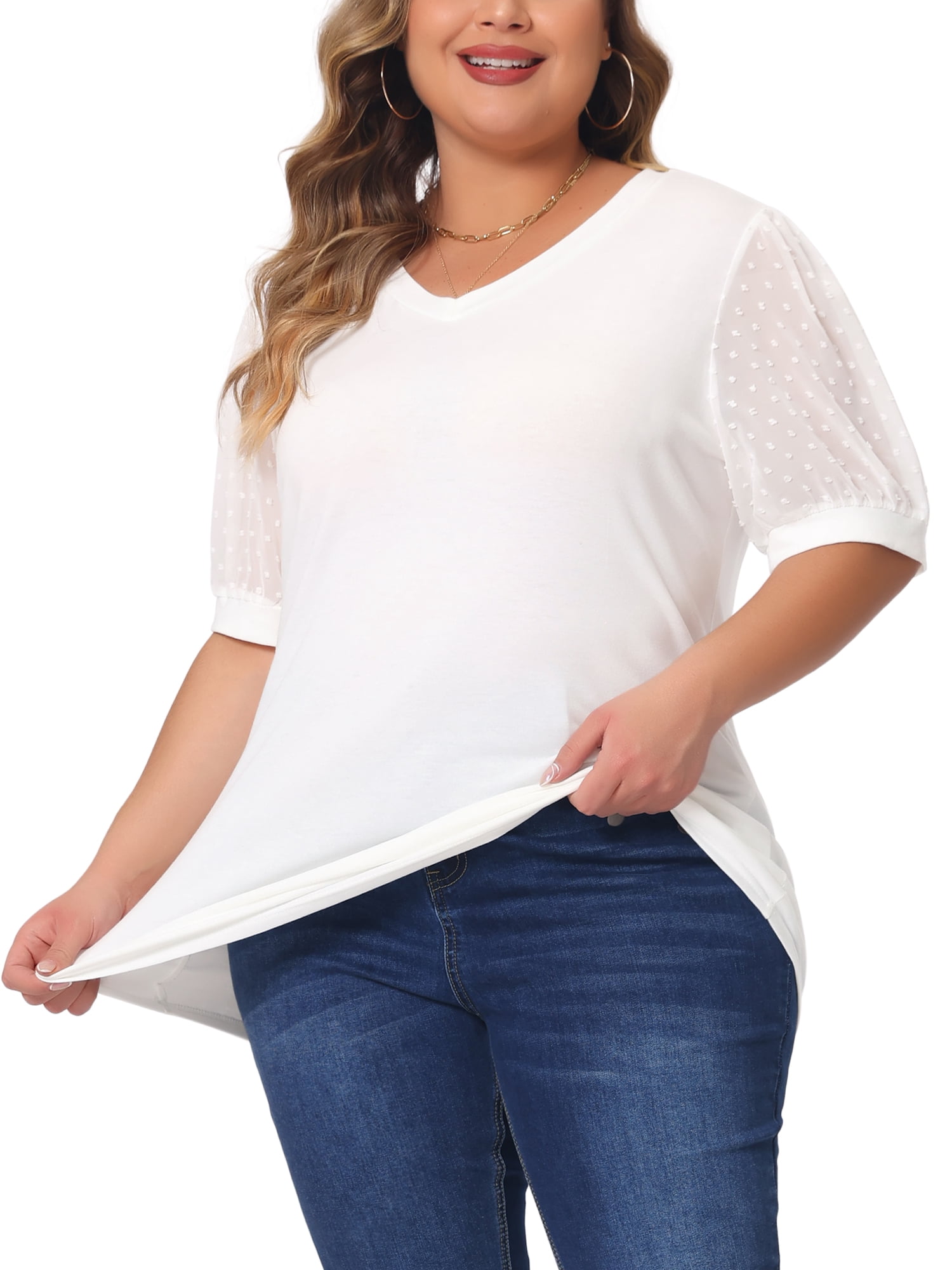 Women's Plus Tops V Neck Swiss Dots Puff Sleeve Casual Blouse Shirt 2X White