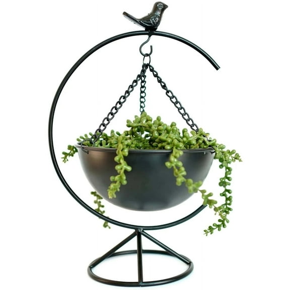 Science Purchase Elegant Matte Black Metal Bird Floor-Standing Indoor Planter with Hanging Bowl for Small Plants, 13-inches Tall x 8.6-inches Wide