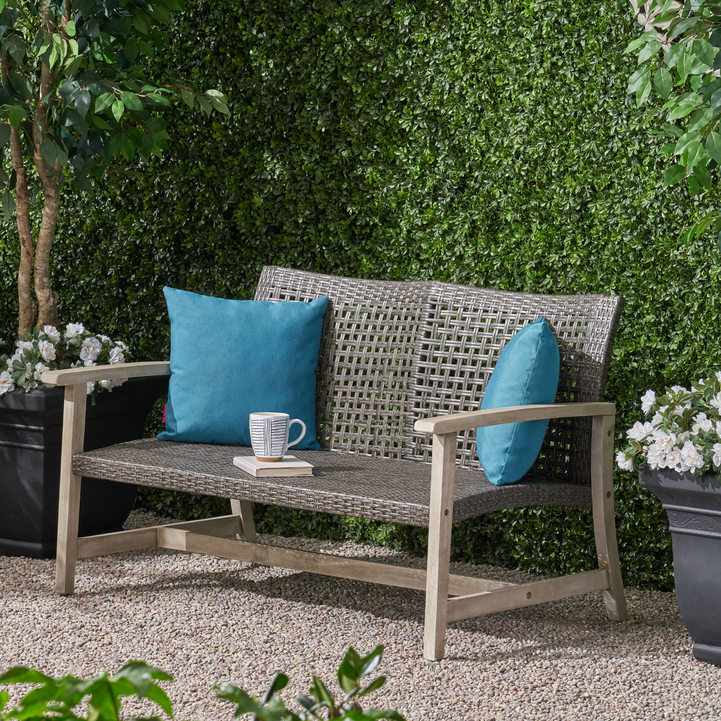 Outdoor Wood Woven Combined Double Seat Loveseat, Mixed Material Leisure Sofa for Patio Garden, Mixed Black and Light Gray Wash