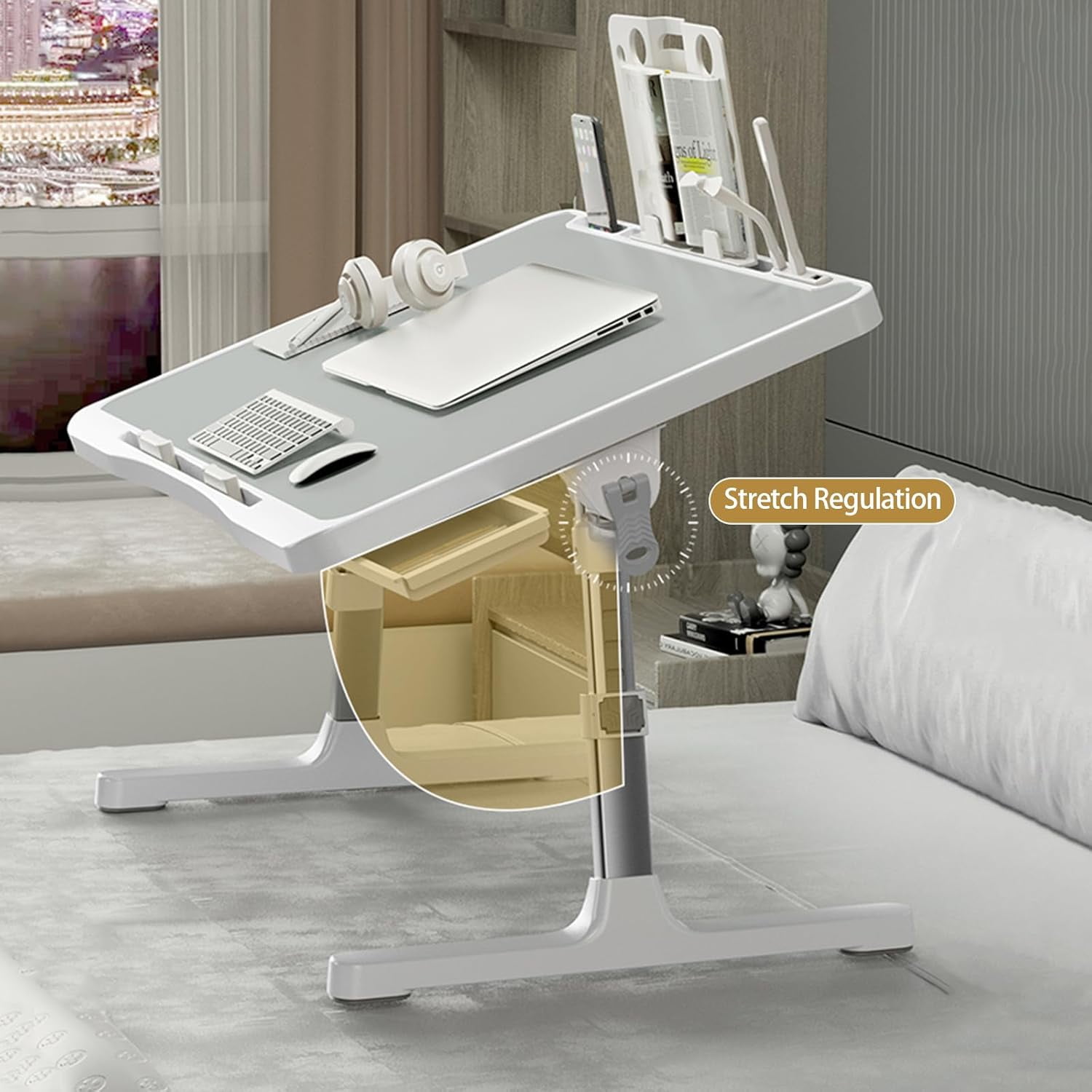 Laptop Desk for Bed, Adjustable Beds Table with USB Charge Port, Foldable Laptop Table with Storage Drawer, Portable Laptop Bed Desk Tray for Eating Working Writing Reading (Yellow)