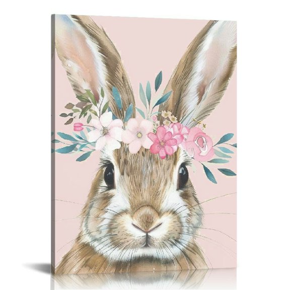 FCXZI Pink Easter Bunny Rabbit Canvas Wall Art Print, Easter Decor Bunny Nursery Girl Room Decor, Flower Animal Nursery Decor, Rabbit Wall Art for Nursery Girls Room Bedroom Kid's Room