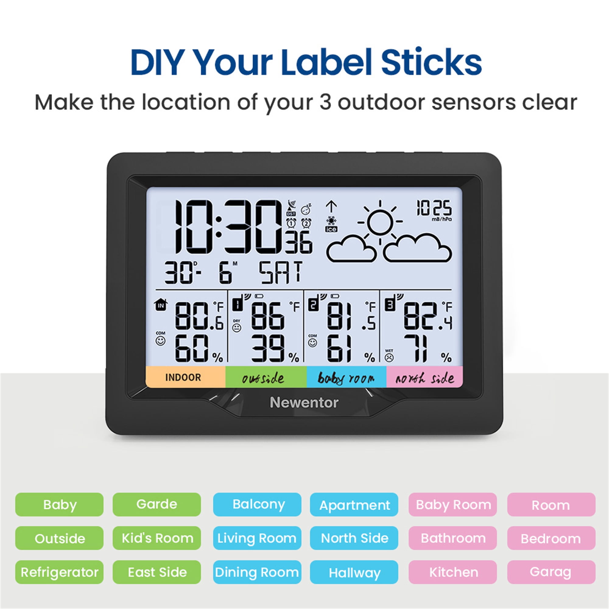 Newentor 6" Digital Display Weather Station for Home with 3 Outdoor Sensors, Indoor Outdoor Thermometer, Black