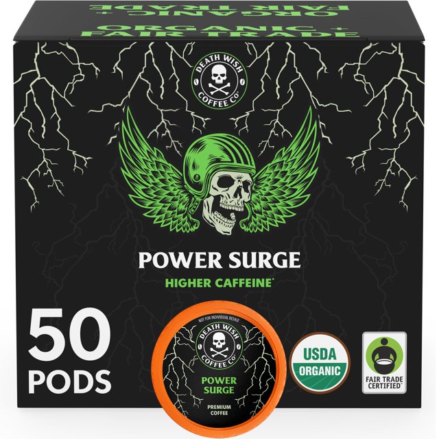 Cápsulas de café Death Wish Power Surge, alto contenido de cafeína, 50 piezas