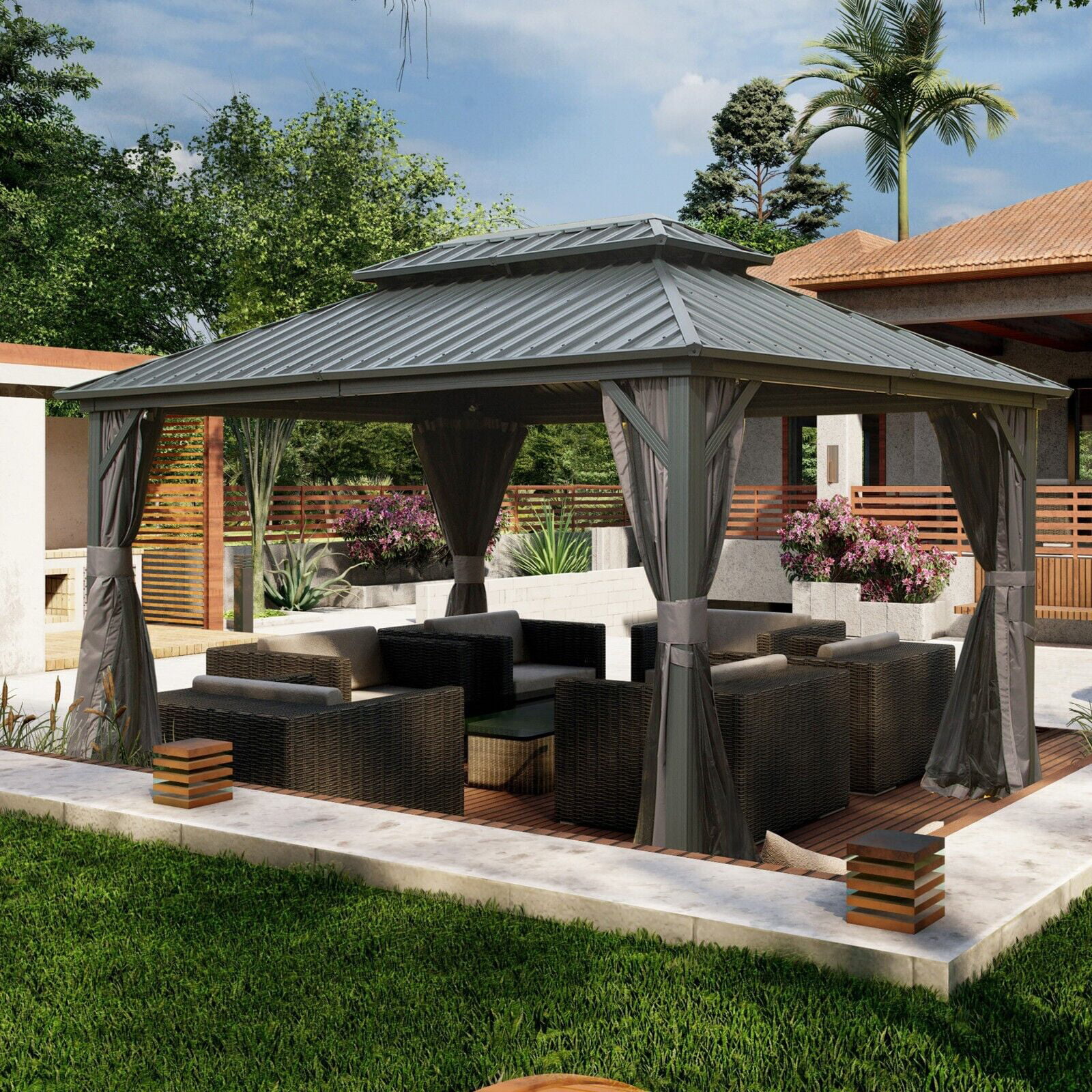 Domi Outdoor Living 10’ x 12’ Hardtop Gazebo Canopy with Netting &  Curtains, Outdoor Aluminum Gazebo with Galvanized Steel Double Roof for  Patio Lawn 
