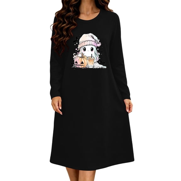 Taqqpue Womens Halloween Cotton Nightgown Long Sleeves Round Neck Sleepshirt Print Nightshirt Casual Plus Size Knee Length Sleep Dress Pullover Halloween Pumpkin Printed Sleep Shirt for Women