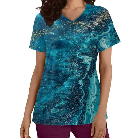 

Women Spring Summer Care Short Sleeve V-Neck 3D Printed Pocket Scrubs Top Working Uniform Nurses Clothing Workwear Simple Clothing
