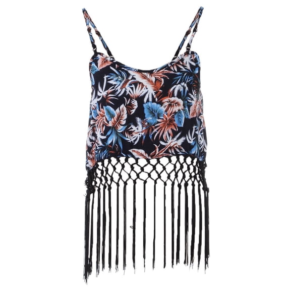 S/M Fit Black Long Hanging Woven Fringe Trim Floral Print Crop Top