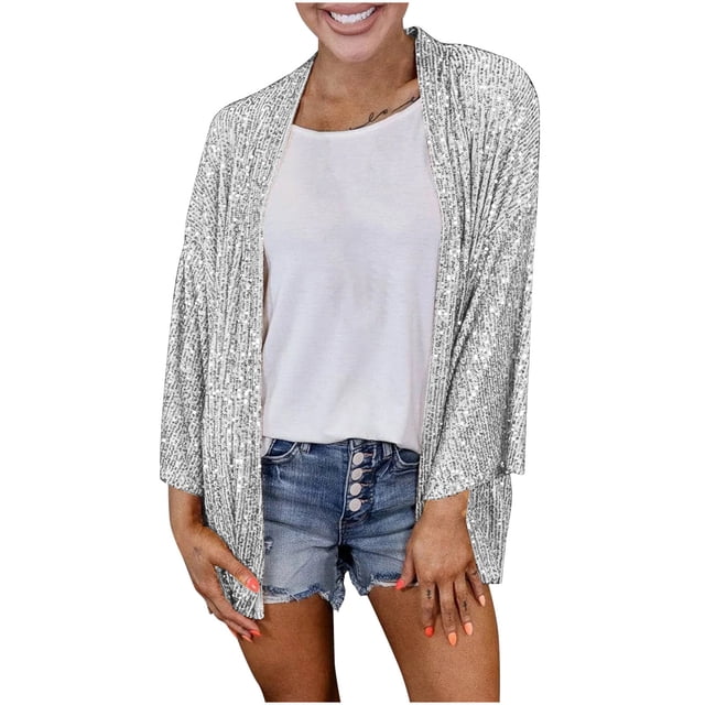 cfhntfmh Cardigan Ouvert pour Femmes Mode Blazer à Paillettes pour Fête Club Cocktail Veste à Paillettes