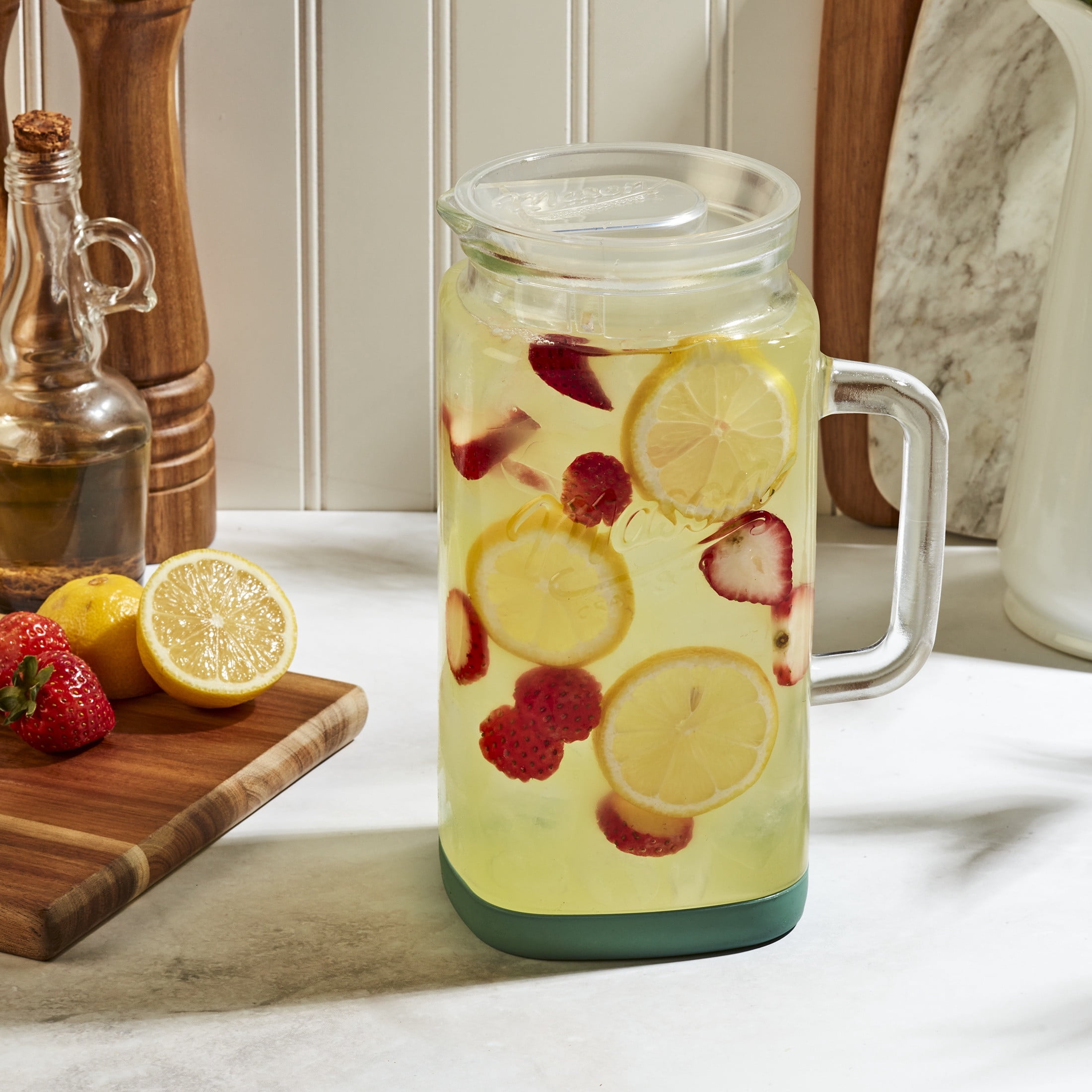 Mason Craft & More Glass 0.5 Gallon Pitcher with Removable Plastic Lid and Silicone Base, Sage, Useful for Serving Chilled Drinks