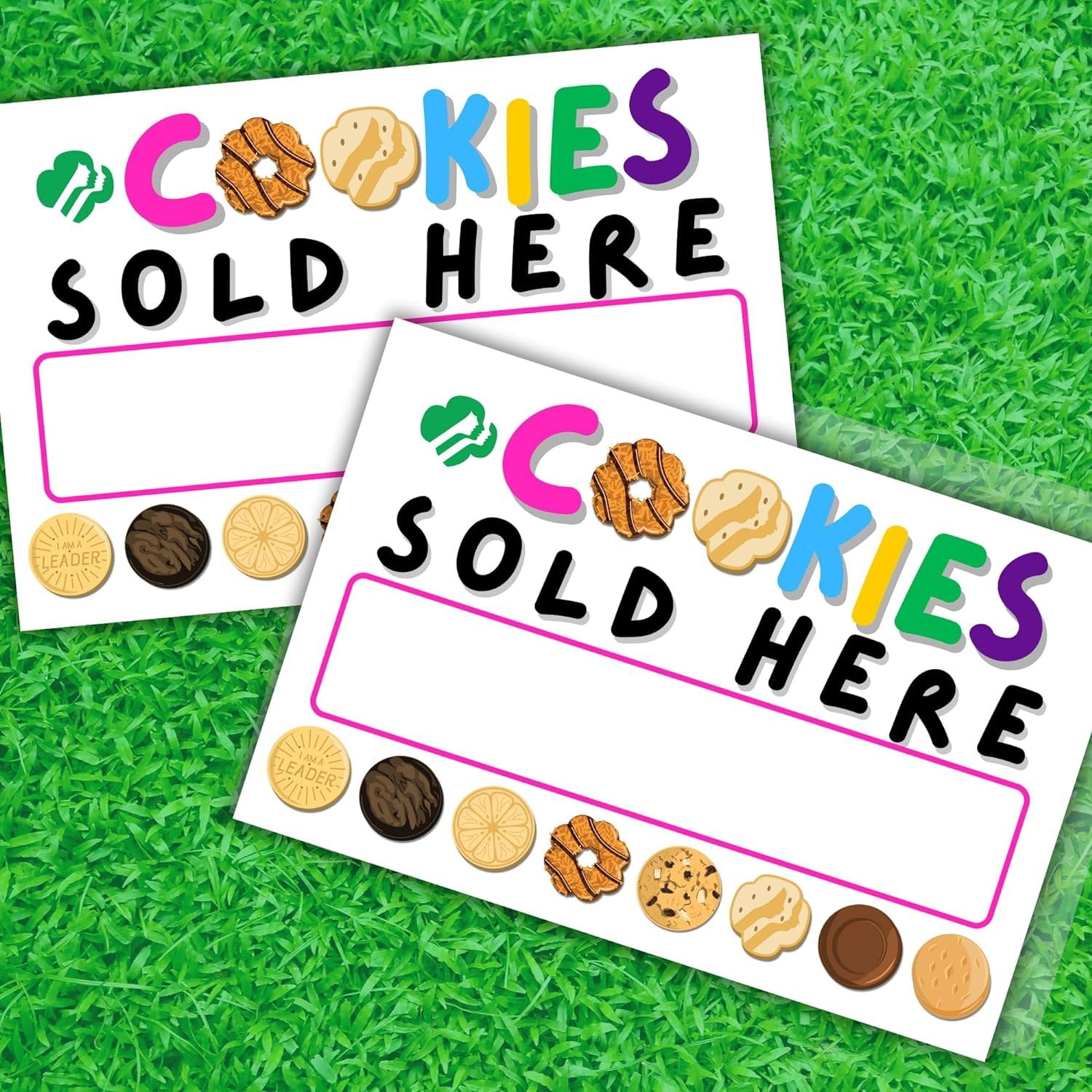 Girl Cookies Sold Here Yard Sign with H Frame Stake 12 x 18 Scout Colorful Stop Buy Cookie Box Door Hanger Reorder Troop Number Sales Goals