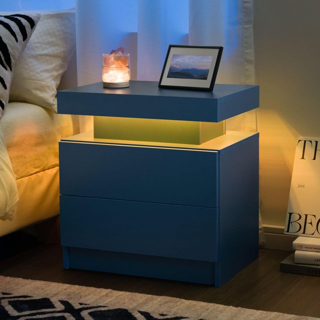 Tables de Chevet LED Modernes avec 2 Tiroirs pour Salon Chambre