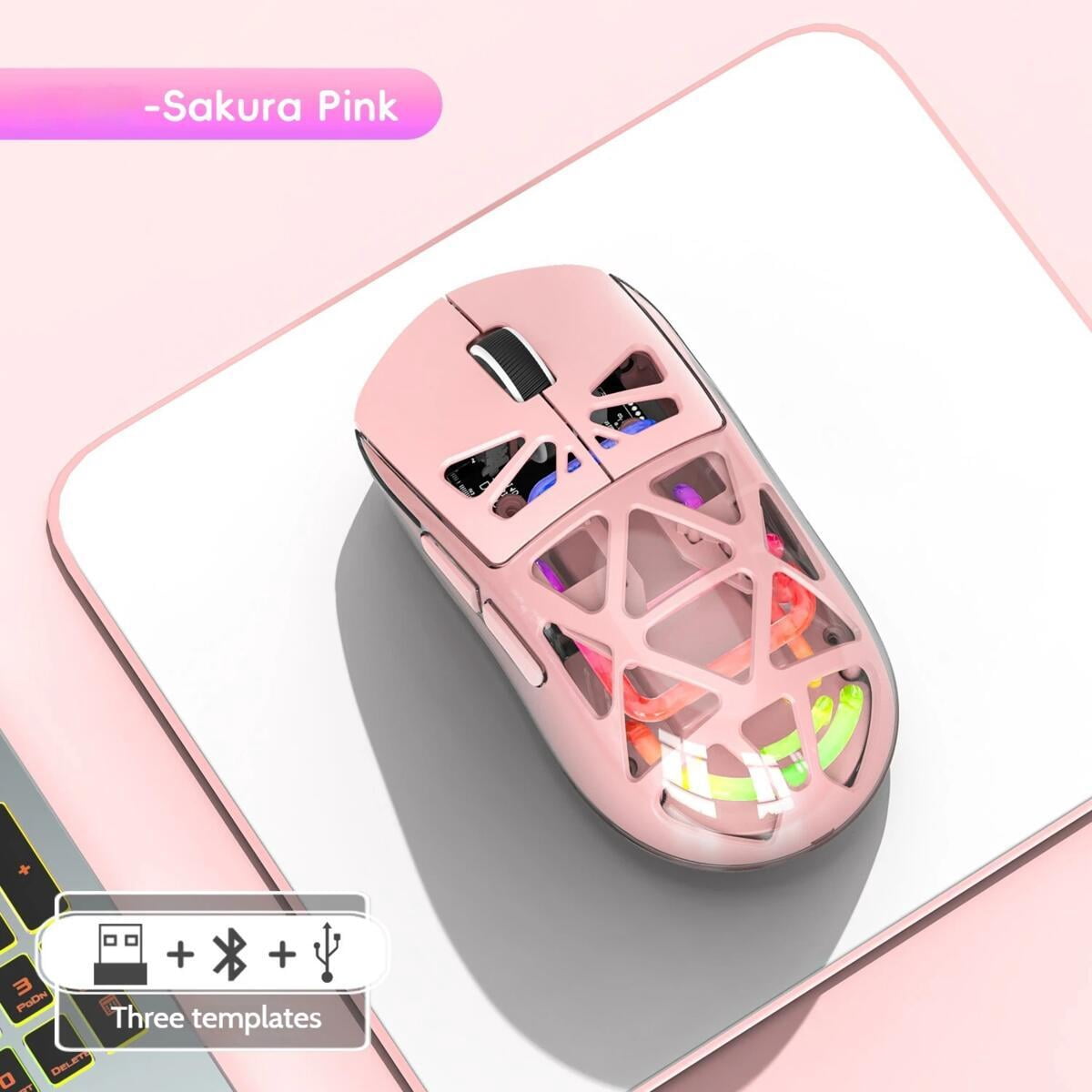 RGB Glowing Transparent Lightweight Wireless Bluetooth Tri-mode Esport Mouse Ergonomics Hollow out Mause For PC Laptop Computer
