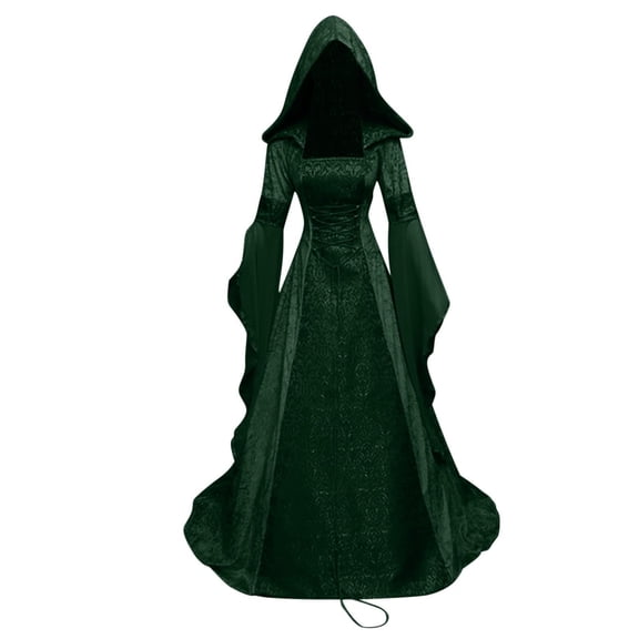 Halloween Costumes for Women, Medieval Gothic Hooded Dress, Lace Up Corset Waist Renaissance Costume, Vintage Long Sleeve Cosplay Gown for Halloween, Renaissance Fair & Themed Parties