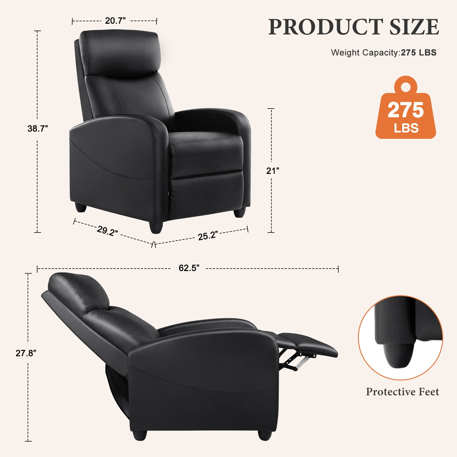 JOINSUN Modern Massage Recliner Chair with Vibration & 160° Lay-Flat Function – Space-Saving Small Sofa for Home Theater, Apartment, or Bedroom, 275lbs Weight Limit, Black