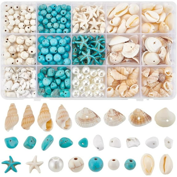 1 Box 340Pcs Style Starfish Beads Blue White Beads Bulk Natural Shell Beads Summer Ocean Animal Starfish Bead Seashell Charms 5/6/8mm Beads Chip Beads for Jewelry Making