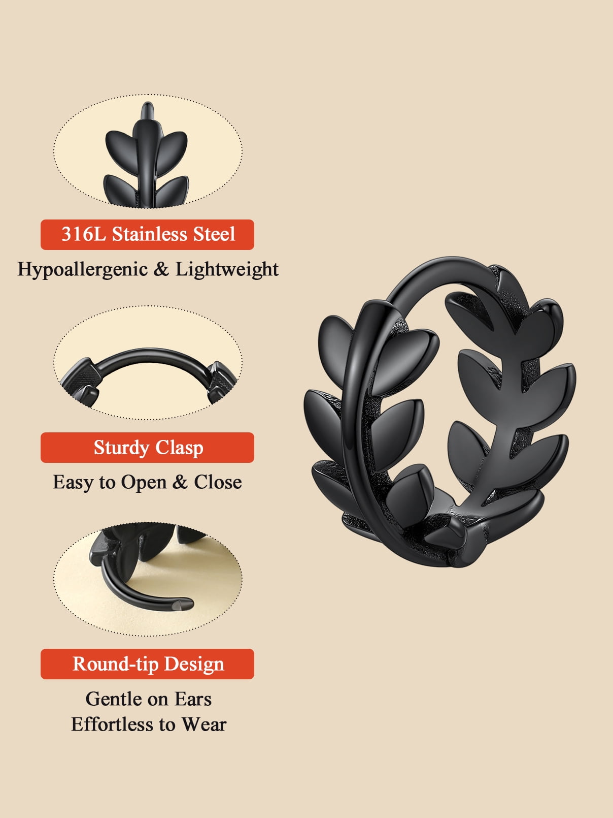 FaithHeart Leaf Huggie Hoop Earrings for Women Stainless Steel Lightweight Dainty Hypoallergenic Small 12mm Cartilage Huggies Black Earrings Jewelry Gift for Daughter Mom Mothers Day