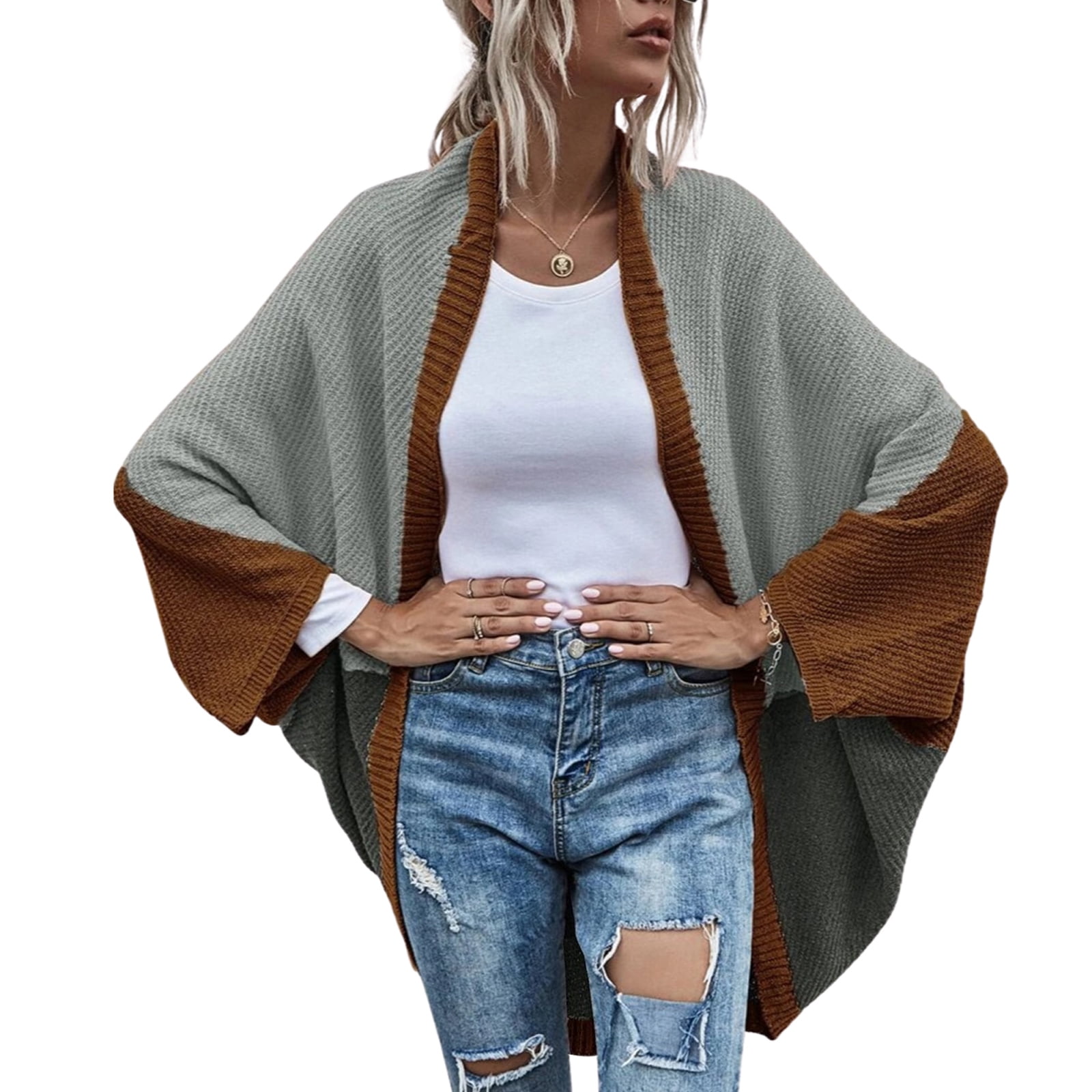 Listenwind Women's Casual Oversized Open Front Knit Cardigan Loose Batwing Sleeve Color Block Wrap Sweater Outerwear, Size: Medium, Brown