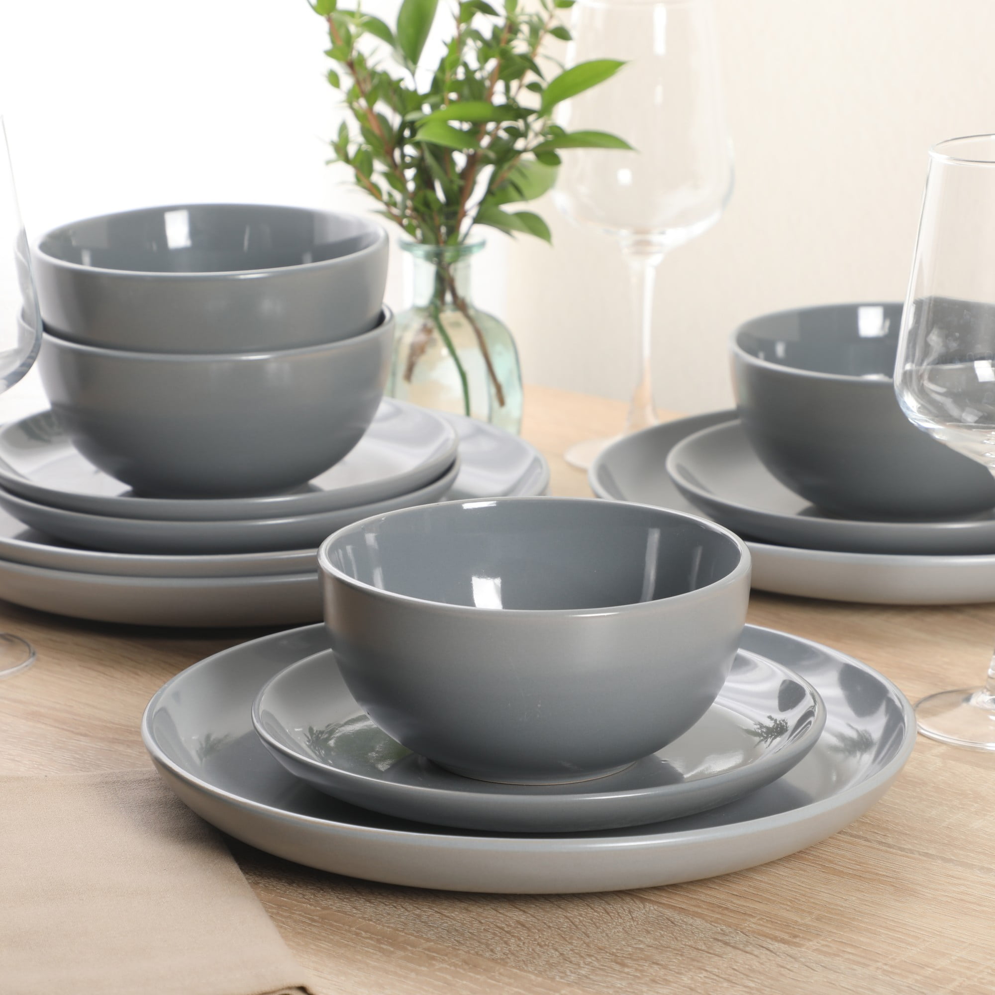 Gibson Home Rockaway 12 Piece Plates and Bowls Matte Outside/Shiny Inside Glaze Service for 4 Dinnerware Set - Blue - Dishwasher and Microwave Safe
