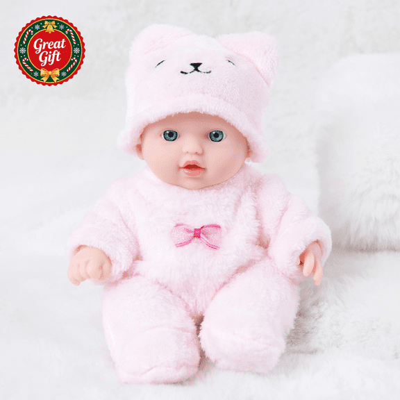 Mini Realistic Newborn Baby Doll with Plush Animal Onesie, Lifelike Soft Vinyl Infant Doll for Pretend Play, Nurturing Toy, Christmas Birthday Gift for Toddler Boys Girls Ages 3 and Up