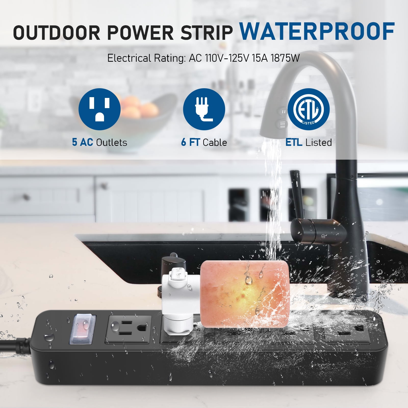 VILONG Outdoor Power Strip Waterproof,5 Outlets Charging,1700J Surge Protector,6ft Extension Cord,Flat Plug,for Yard &Camping,ETL Listed,Black