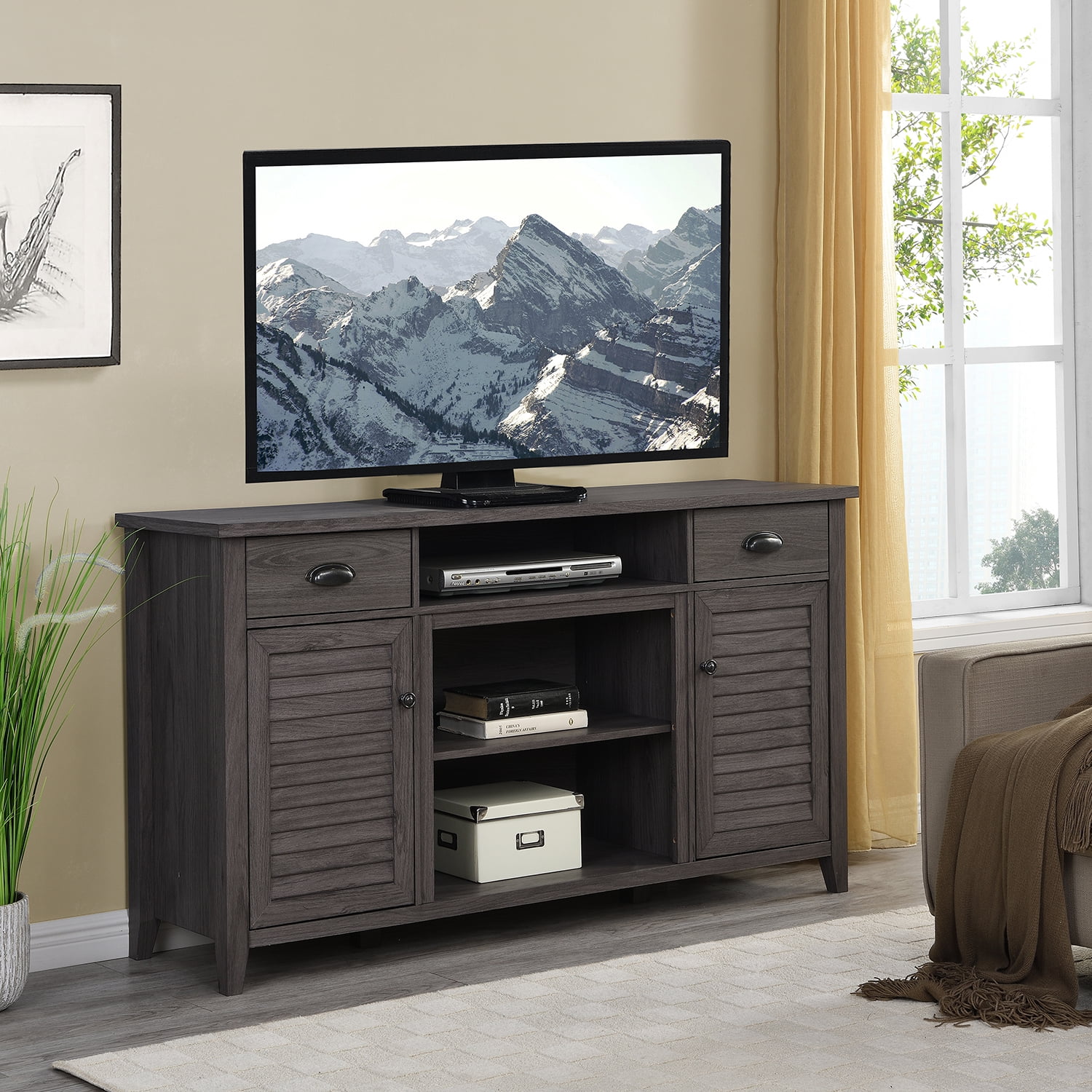 Home Source 60" TV Stand with Shelving in Grey Finish