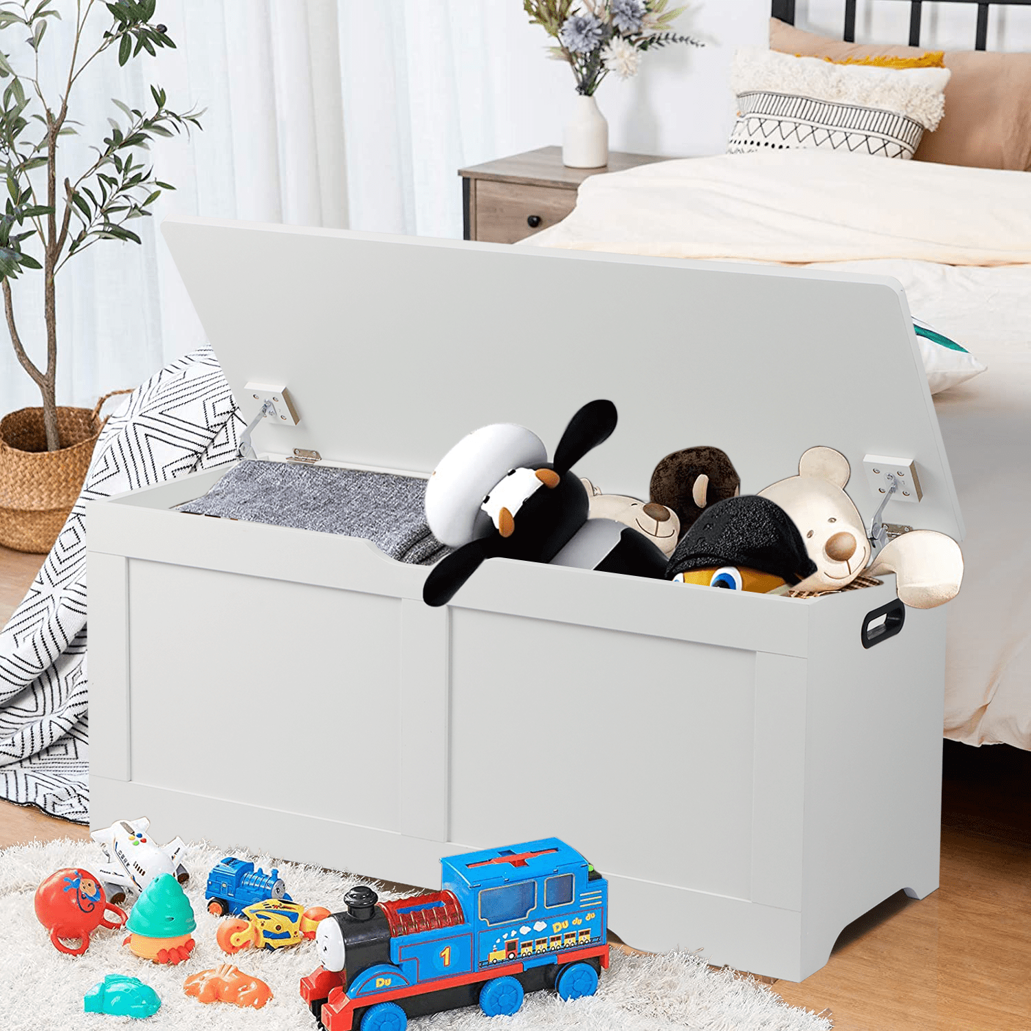 39.4" Storage Chest, Wooden Storage Bench, Lift Top Toy Chest with 2 Safety Hinges, Large Toy Box, Entryway Bench for Living Room, Bedroom, White