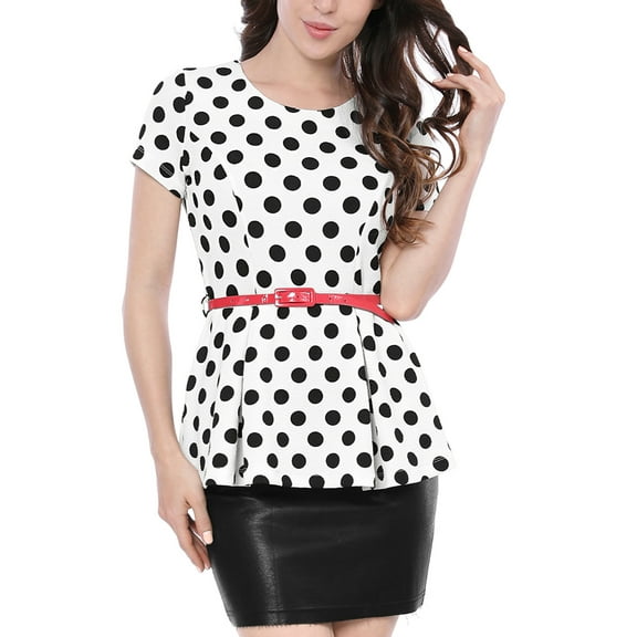 MODA NOVA Juniors Round Neck Short Sleeves Polka Dots Peplum Blouse with Belt