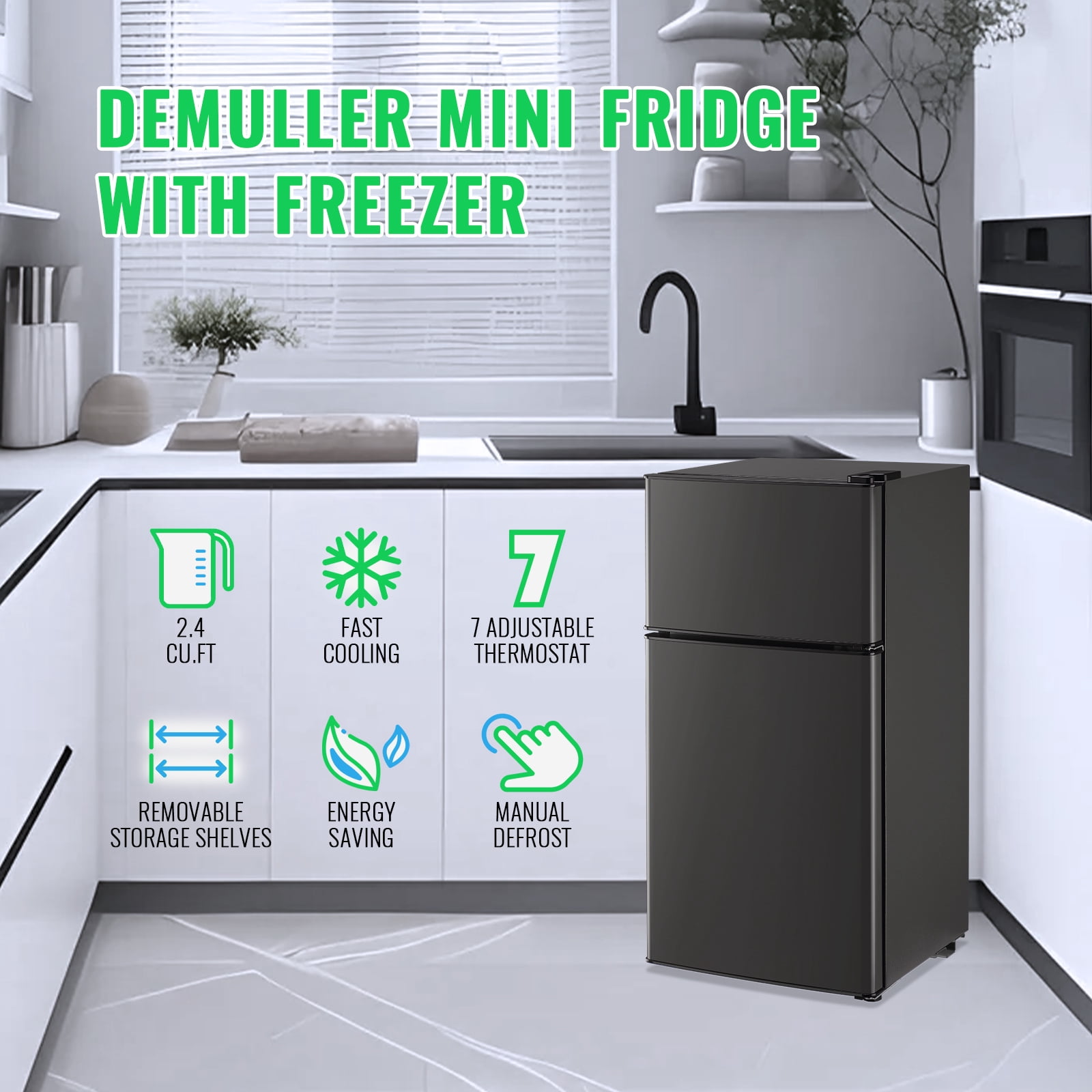 DEMULLER 2.4 Cu.ft Mini Refrigerator with Freezer Small Fridge Top Freezer Personal Fridge New Gray