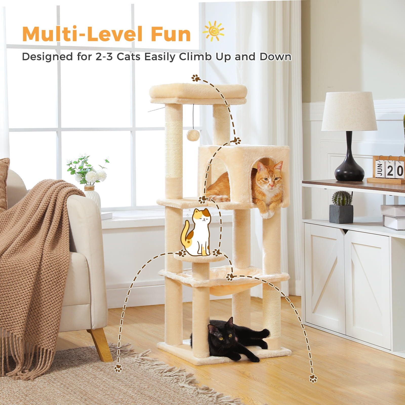 Pefilos 44" Cat Tree Tower for Indoor Cats, 5-Level Cat Condo with Large Hammock, Big Top Perch and 4 Sisal Covered Scratching Pos, Beige