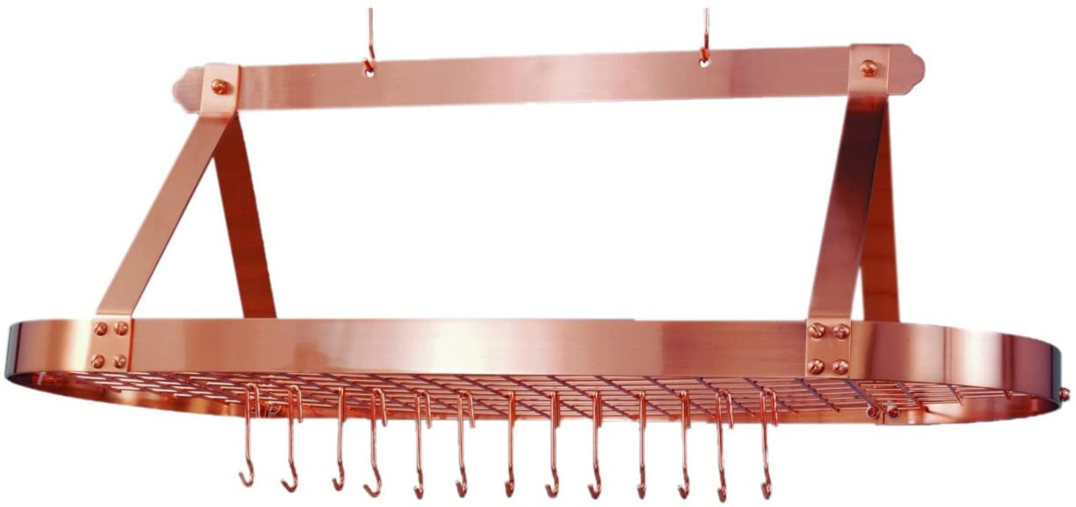 Ceiling/Hanging Pot Rack Over-Sized Oval Satin Nickel Grid and 24-Hooks 48 in 