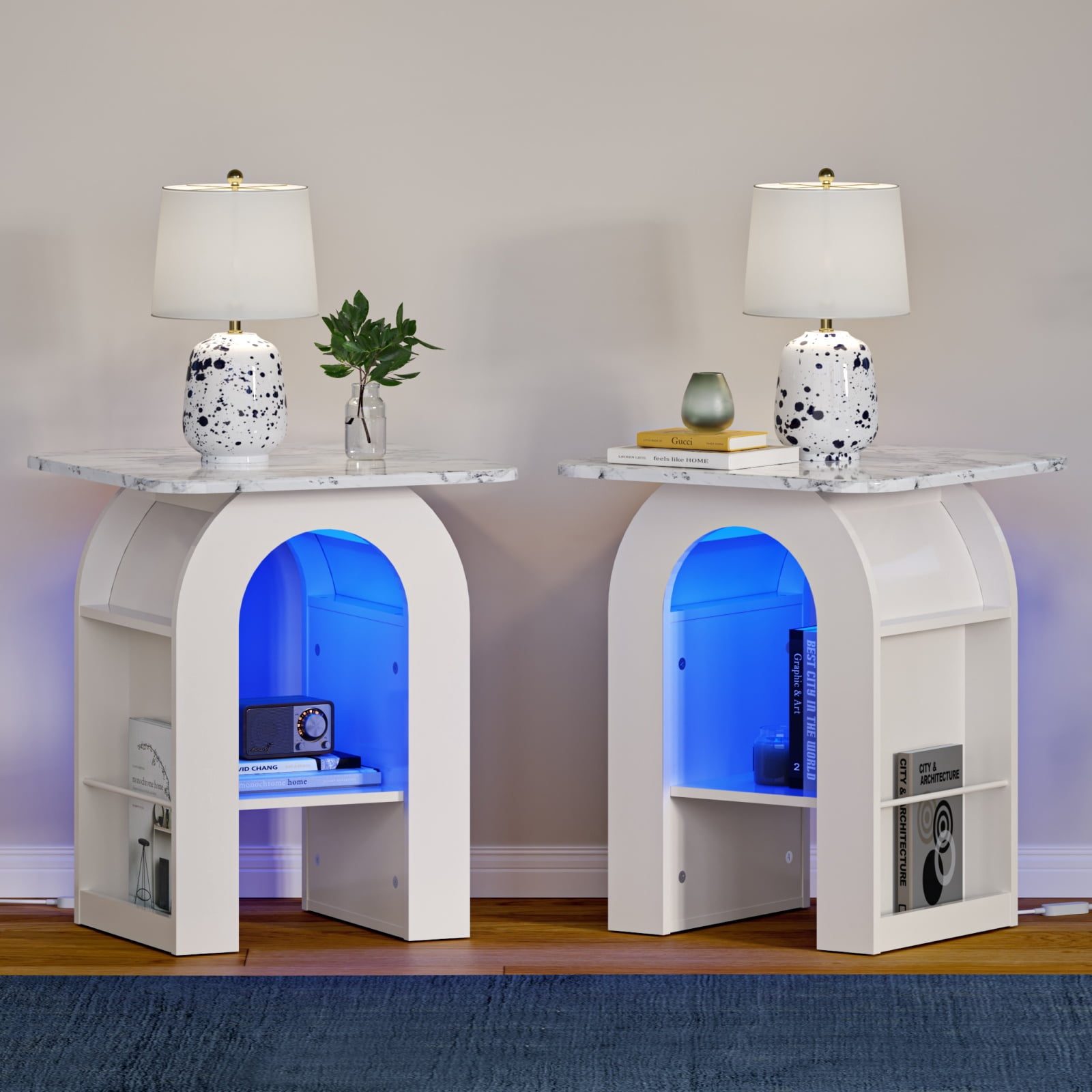 Small End Tables Living Room Set of 2 for Small Spaces, 19"W Marble Look Top Nightstand with RGB Strip, Side Table with Storage Shelf(White)